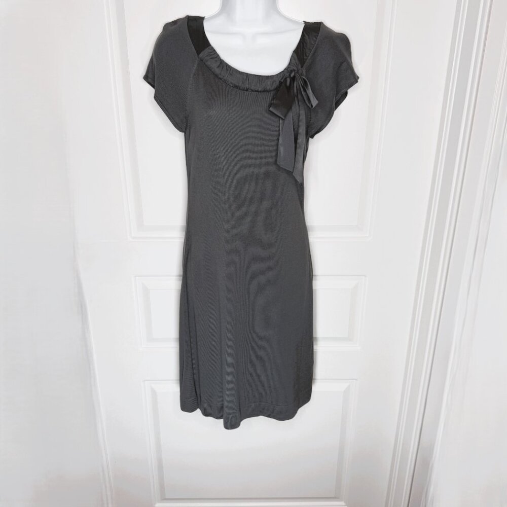 H&M Gray Satin Trim Dress Size M Bow Detail Short Sleeve Shift Dress - Picture 3 of 11